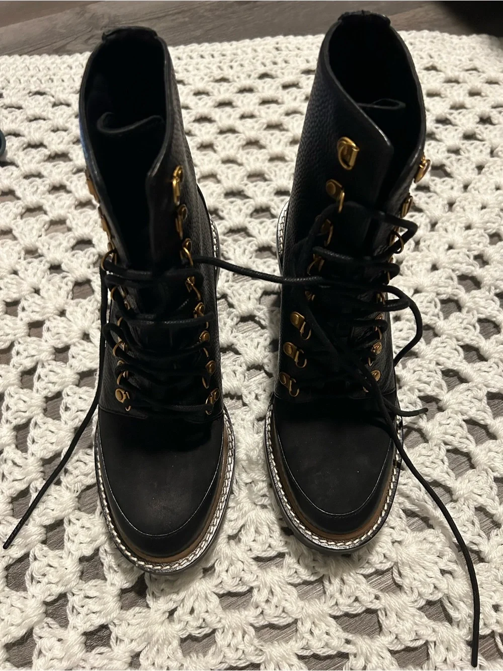 Tory Burch Black Leather Lace-Up Lug Ankle Boots with Gold Hardware